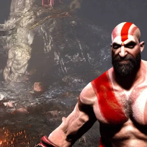 Prompt: screenshot of donald trump as kratos in god of war game
