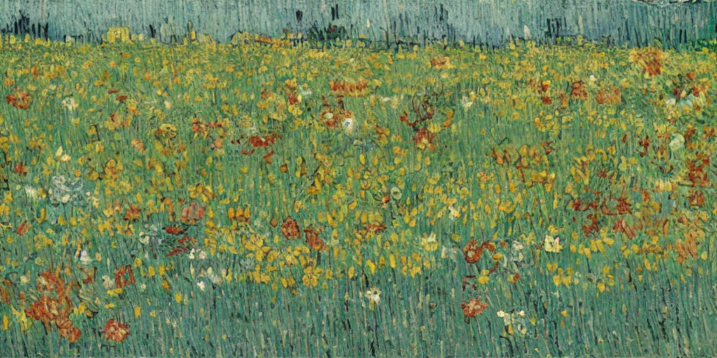 Prompt: on a sunny day, a field full of cats and flowers, in the style of Van Gogh