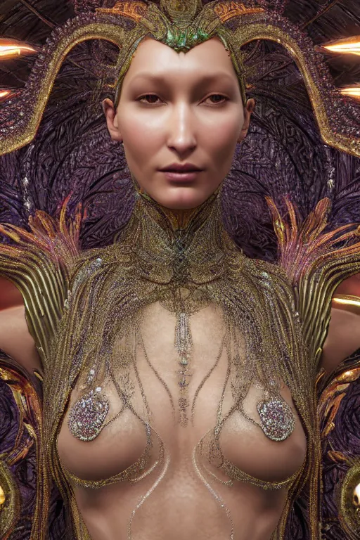 Image similar to a highly detailed metahuman 4 k close up render of an alien goddess bella hadid as nataraja in iris van herpen dress schiaparelli in diamonds swarovski and jewelry in style of alphonse mucha gustav klimt trending on artstation made in unreal engine 4