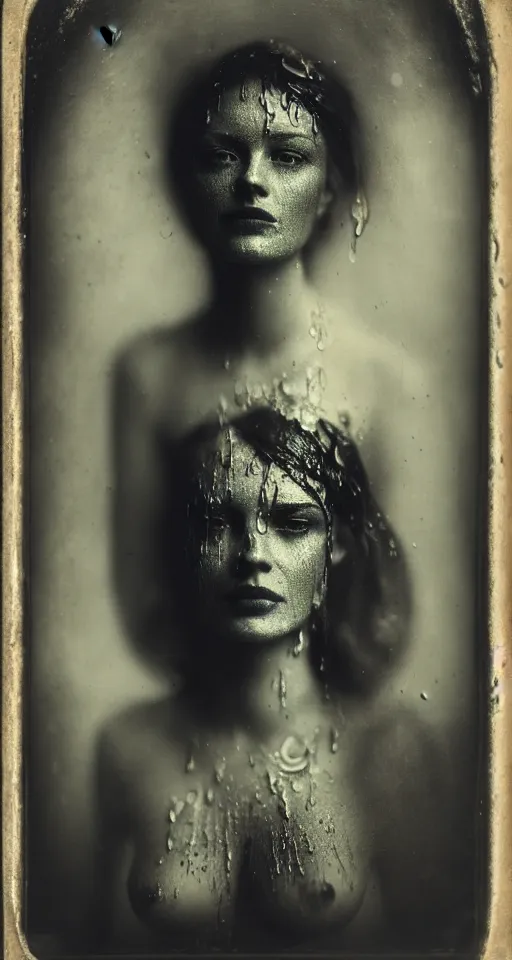 Prompt: a wet plate photograph, a portrait of a strikingly beautiful woman with regal features