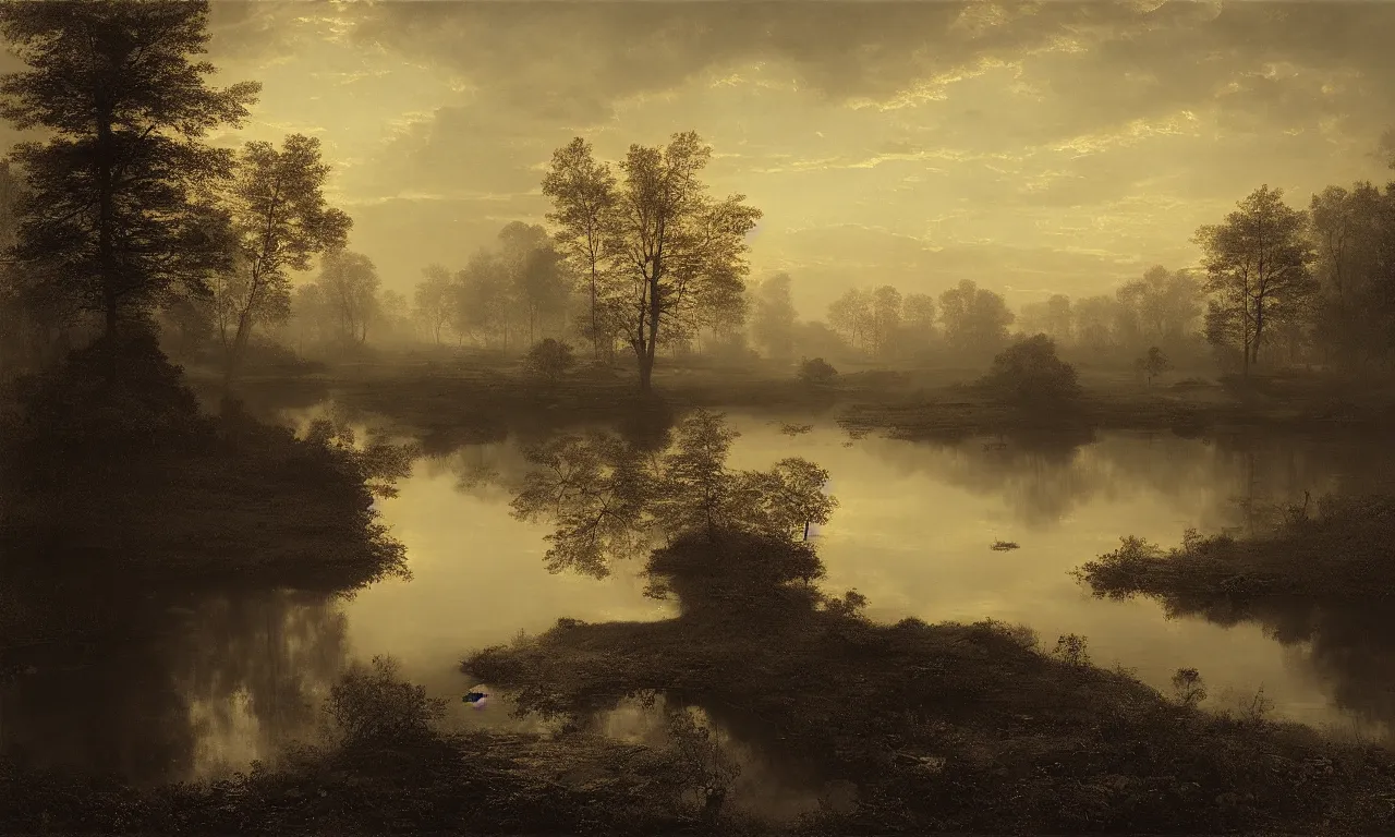 Image similar to a dark pond during golden hour. andreas achenbach, mikko lagerstedt, zack snyder, tokujin yoshioka