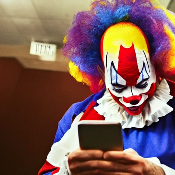 Image similar to clown crying while browsing twitter on his phone, photo taken from behind the clown