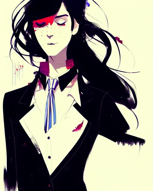 Image similar to a ultradetailed beautiful panting of a stylish woman wearing a shirt with a tie, she has black hair, by conrad roset, greg rutkowski and makoto shinkai, trending on artstation