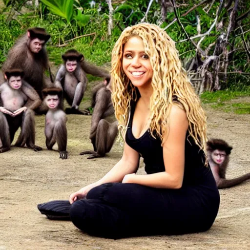 Image similar to Shakira singing for a crowd of monkeys on an island with the ocean in the background