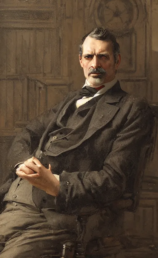 Prompt: Portrait of a middle-aged victorian industrialist, male, detailed face, 19th century, highly detailed, cinematic lighting, digital art painting by greg rutkowski