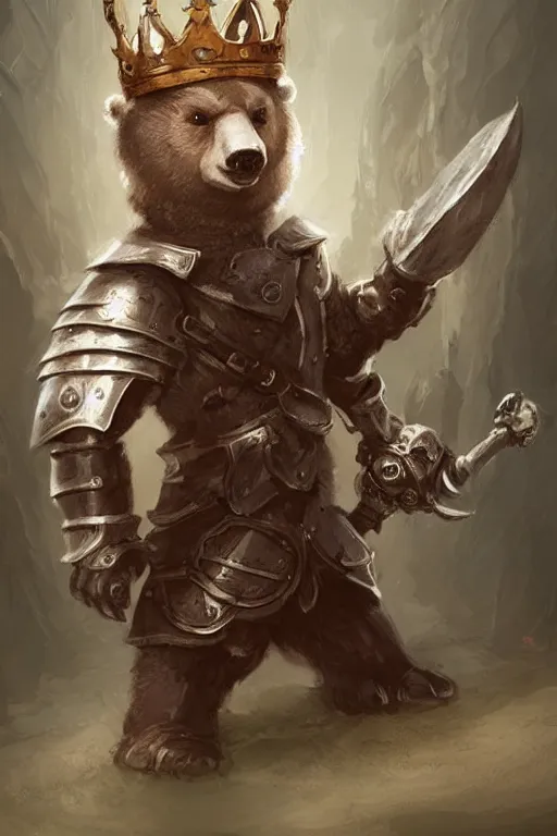 Image similar to cute little anthropomorphic bear knight wearing a cape and a crown, tiny, small, miniature bear, baby animal, short, pale blue armor, cute and adorable, pretty, beautiful, DnD character art portrait, matte fantasy painting, DeviantArt Artstation, by Jason Felix by Steve Argyle by Tyler Jacobson by Peter Mohrbacher, cinematic lighting