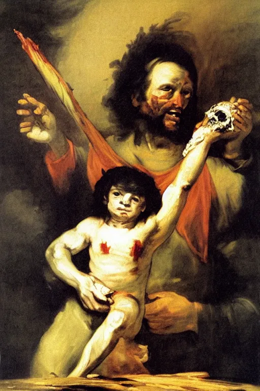 Image similar to francisco goya painting of an evil jesus christ holding corncopia with blood pouring, ominous, unsettling, visible paint strokes, hd image, visible paint texture