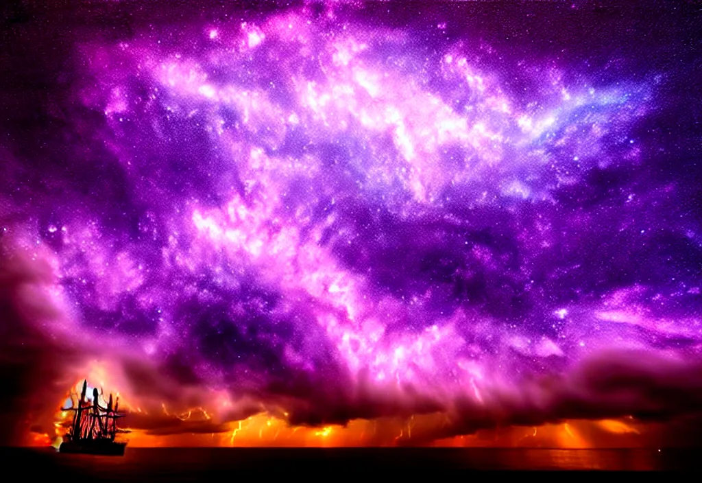 Image similar to purple color lighting storm with stormy sea close up of a pirate ship firing its cannons trippy nebula sky with dramatic clouds painting by banksy Photorealism