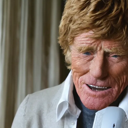 Prompt: robert redford whispering in a phone