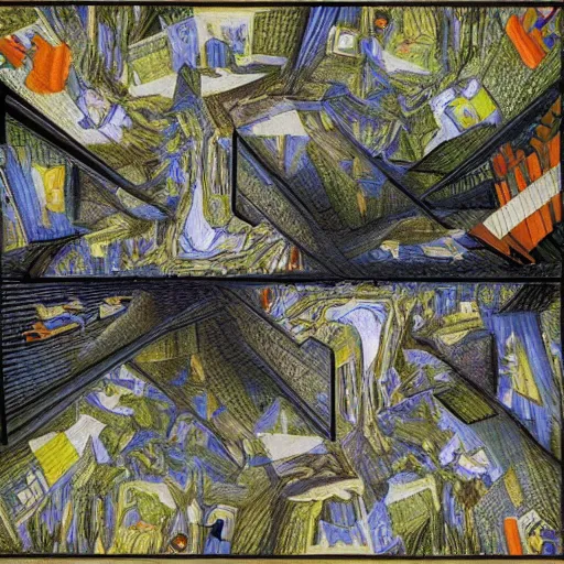 Image similar to the largest prime, mashup between mc escher and vincent van gogh