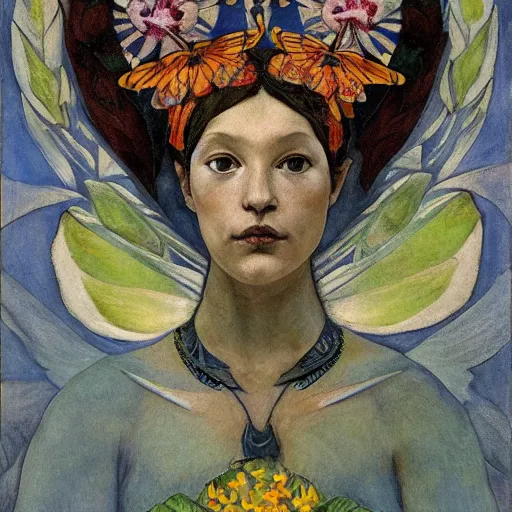 Image similar to the moth crown, by Annie Swynnerton and Nicholas Roerich and Diego Rivera, bioluminescent skin, floral tattoos, wings made out of flowers, elaborate costume, geometric ornament, symbolist, smooth, sharp focus, extremely detailed