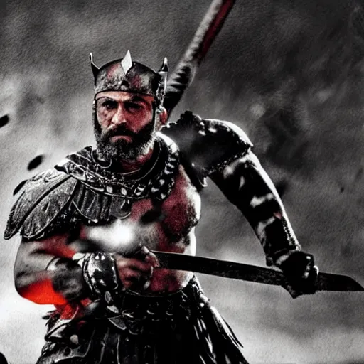 Image similar to “Leónidas king from 300 Spartans zack Snyder attacks in battle with spear epic dark background artwork intricate low angle wearing torn spartan helmet with red crest broom”