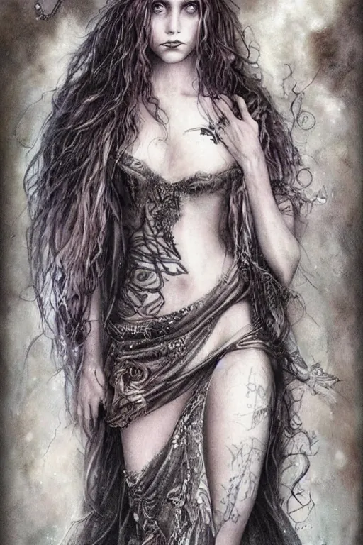 Prompt: dressed Hermione conjures in tattoos, by luis royo, beautiful gown, beautiful eyes, Beautiful face, by Aggi Erguna, high detail, high resolution