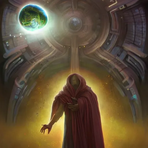 Image similar to the creator of worlds wearing a cloak and holding a holographic planet projection in his hand, detailed, sci - fi, digital painting, artstation, sharp focus, illustration, ominous, artgerm, tomasz alen kopera, peter mohrbacher, donato giancola, joseph christian leyendecker, wlop, frank frazetta