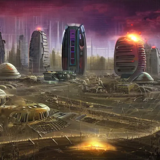 Image similar to post dystopian cyber punk civilization being destroyed by flying saucers and alien robots