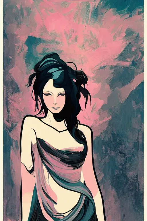 Prompt: vector style the abstract painting of an image of a lady artistic flat illustration, goth punk minimal figure art, soft colors mono chromatic, art in the style of Ross Tran and Greg Rutkowski and Alphonse Mucha