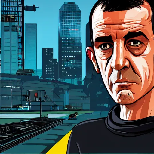 Prompt: portrait of Beny Gantz as a GTA v character. GTA v loading screen illustration by martin ansin, matt bors