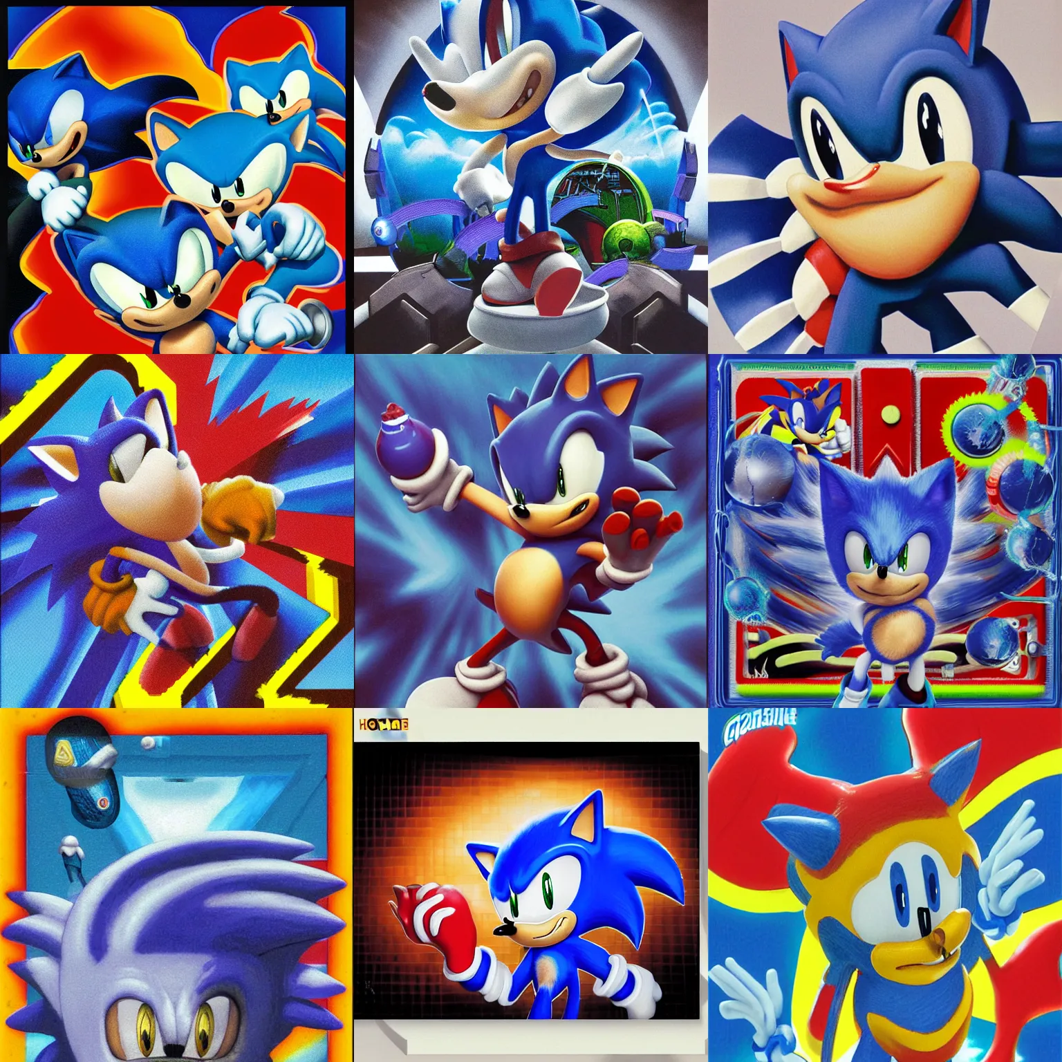 Prompt: sonic hedgehog portrait twisted claymation scifi matte painting lowbrow surreal sonic hedgehog checkerboard planet retro professional soft pastels high quality airbrush art album cover of a liquid dissolving airbrush art tongue sonic the hedgehog swimming through dreams blue checkerboard background 1 9 9 0 s 1 9 9 2 sega genesis video game album cover