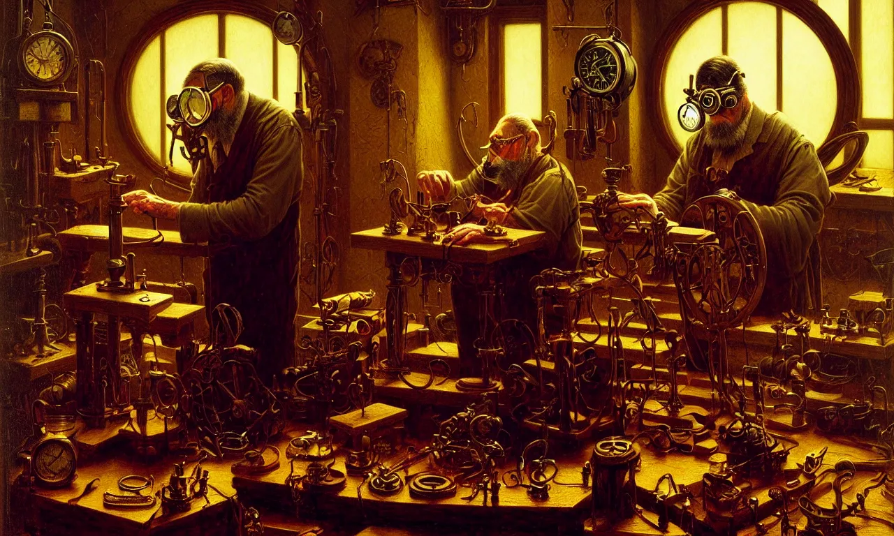 Prompt: The watchmaker by Albert Bierstadt and Gerald Brom and Dan Mumford, Metallic objects, old man, goggles, low light