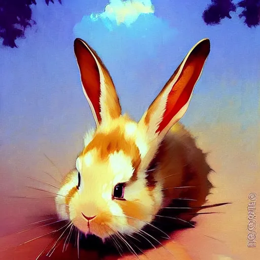 Prompt: a bunny rabbit, by studio ghibli painting, by Joaquin Sorolla rhads Leyendecker, An aesthetically pleasing, dynamic, energetic, lively, well-designed digital art of a bunny rabbit, overlaid with aizome patterns, by Ohara Koson and Thomas Kinkade, traditional Japanese colors, superior quality, masterpiece