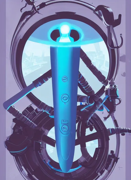 Prompt: poster artwork by Michael Whelan and Tomer Hanuka, of a product poster of the Portal Gun, from the game Portal 2, from Valve, Aperture Science, clean