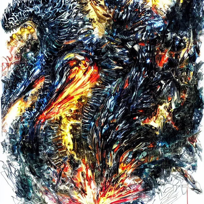 Prompt: godzilla _ painting, glowing lights by greg ruthowski yoshikata amano _ yoji _ shinkawa _ alphonse _ murac _ collaborative _ artwork _ beautifully _ drawn