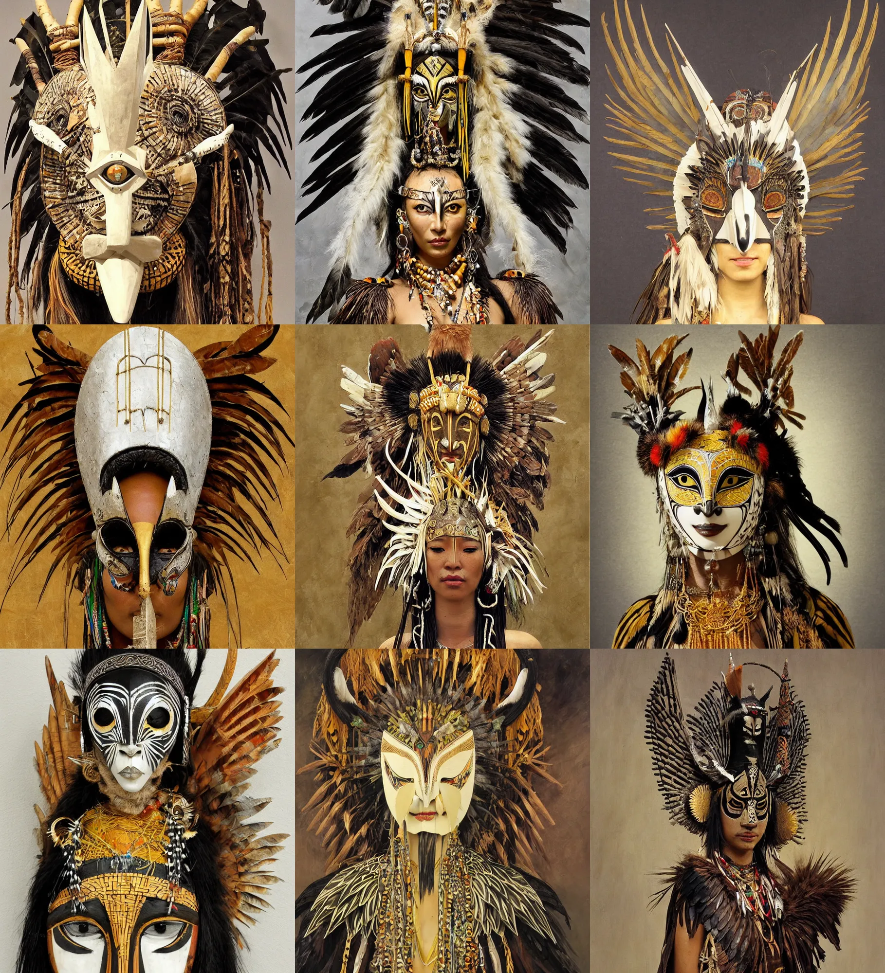 Prompt: pagan shaman, african mask, asian female, boho style, wood clay marble ivory crow swan eagle wings head eyes bamboo, golden and silver jewerly, low poly, brutal modern sculpure, painting by frank frazetta and Joaquin Sorolla, digital art