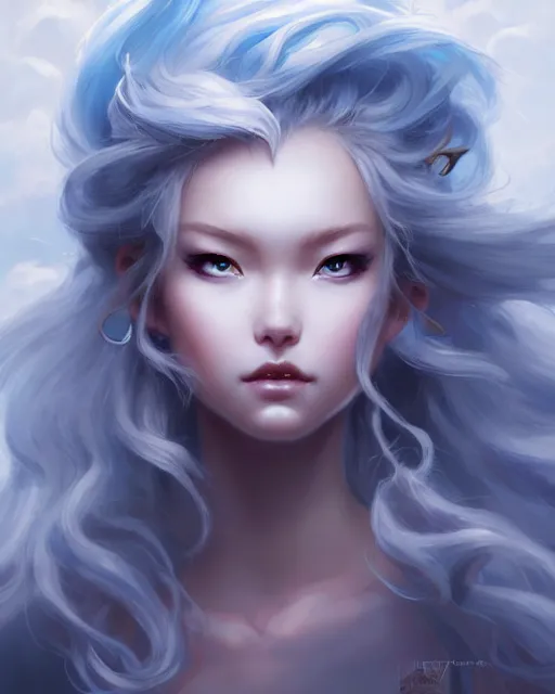 Image similar to character concept art of a stormy cloud goddess | | cute - fine - face, pretty face, realistic shaded perfect face, fine details by stanley artgerm lau, wlop, rossdraws, james jean, andrei riabovitchev, marc simonetti, and sakimichan, tranding on artstation