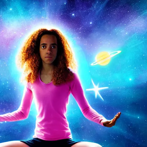 Prompt: hermione granger as yoga instructor in space, trending high quality art station, cinematic shot, magical colors and atmosphere, perfect composition, coherent, 8 k