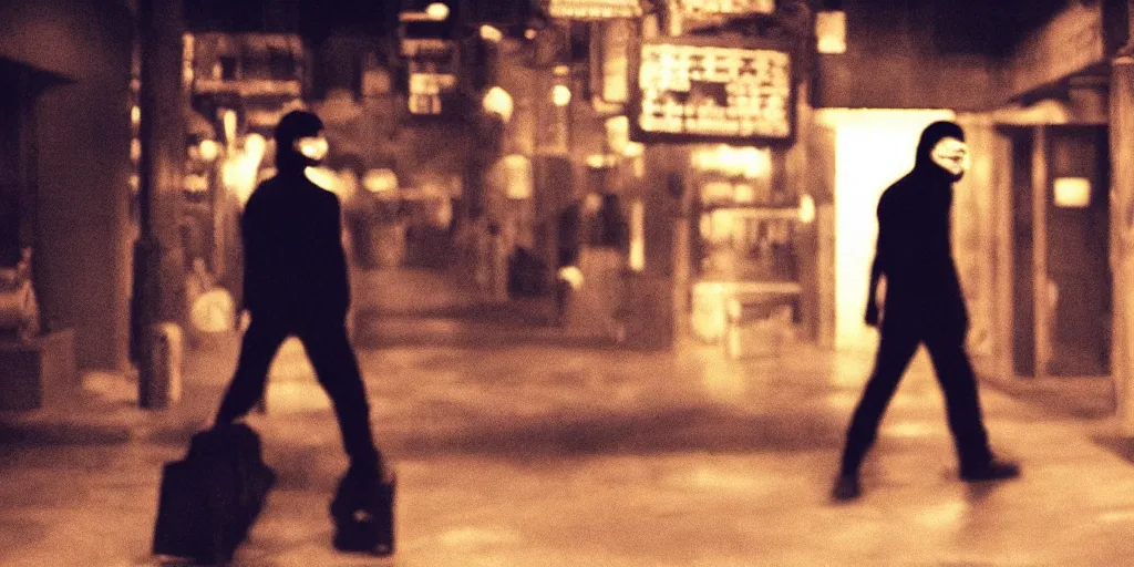 Prompt: style of wong kar - wai, background blur, a view of a killer's back figure viewed from behind, with mask, nighttime, cinematic, movie scene, high details, vivid