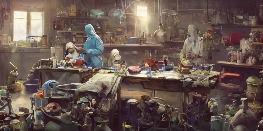 Image similar to an environmental concept art of a babushka surgeon in a cluttered mechanics workshop, surgical impliments, surgery table, highly detailed, cinematic, dramatic