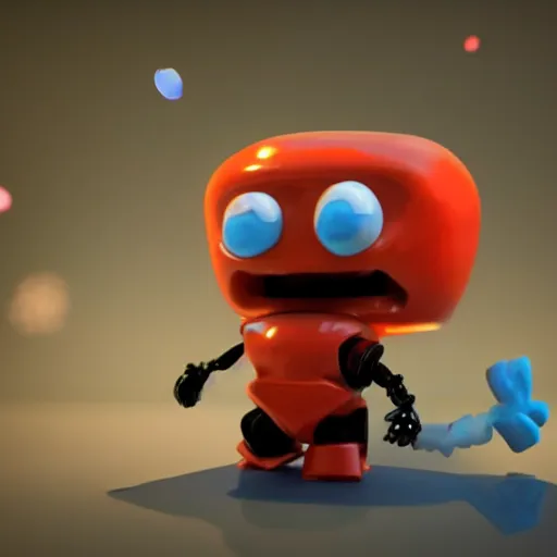 Prompt: single crazy melting plastic toy Pop Figure Robot, C4d, by pixar, by dreamworks, in a Studio hollow, surrounded by flying particles
