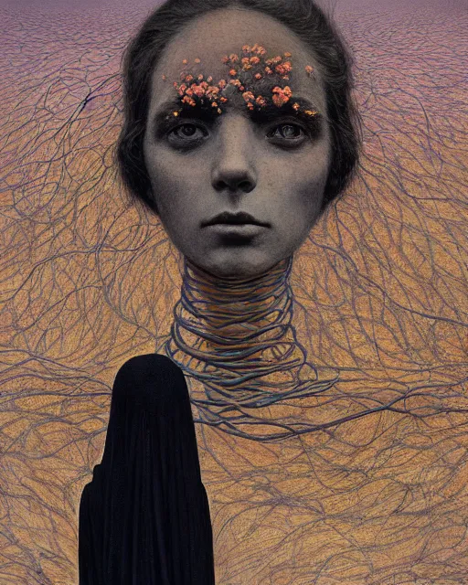 Image similar to A portrait of a woman wearing clothes made out of dying flowers, nuclear explosion in the background, Masterpiece, deep black skin, glowing, wires everywhere, by Edgar Maxence and Ross Tran, Zdzisław Beksiński, and Michael Whelan, distant, gustav dore, H.R. Giger, 8k, octane render