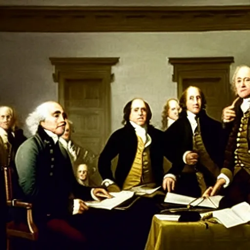 Image similar to film still of Danny Devito interrupting the signing of the declaration of independence and everyone is upset