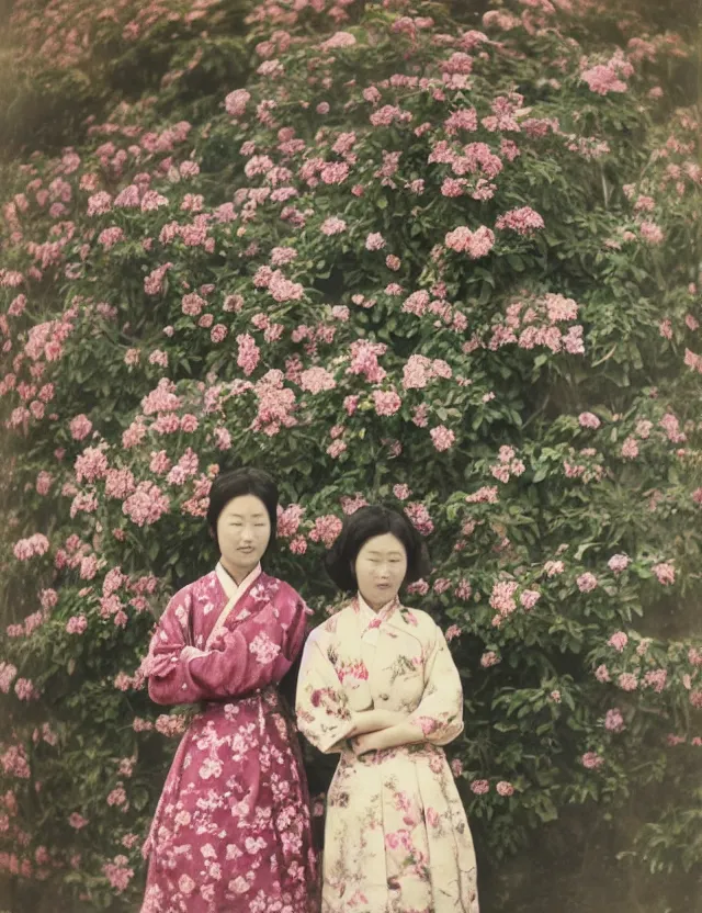 Prompt: color photography of two women in floral dress in taiwan by hisaji hara