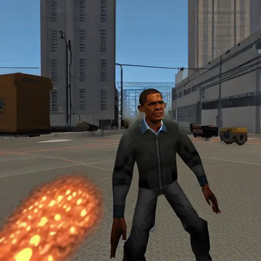 Prompt: screenshot of half - life 2 city 1 7 videogame featuring obama wearing combine uniform