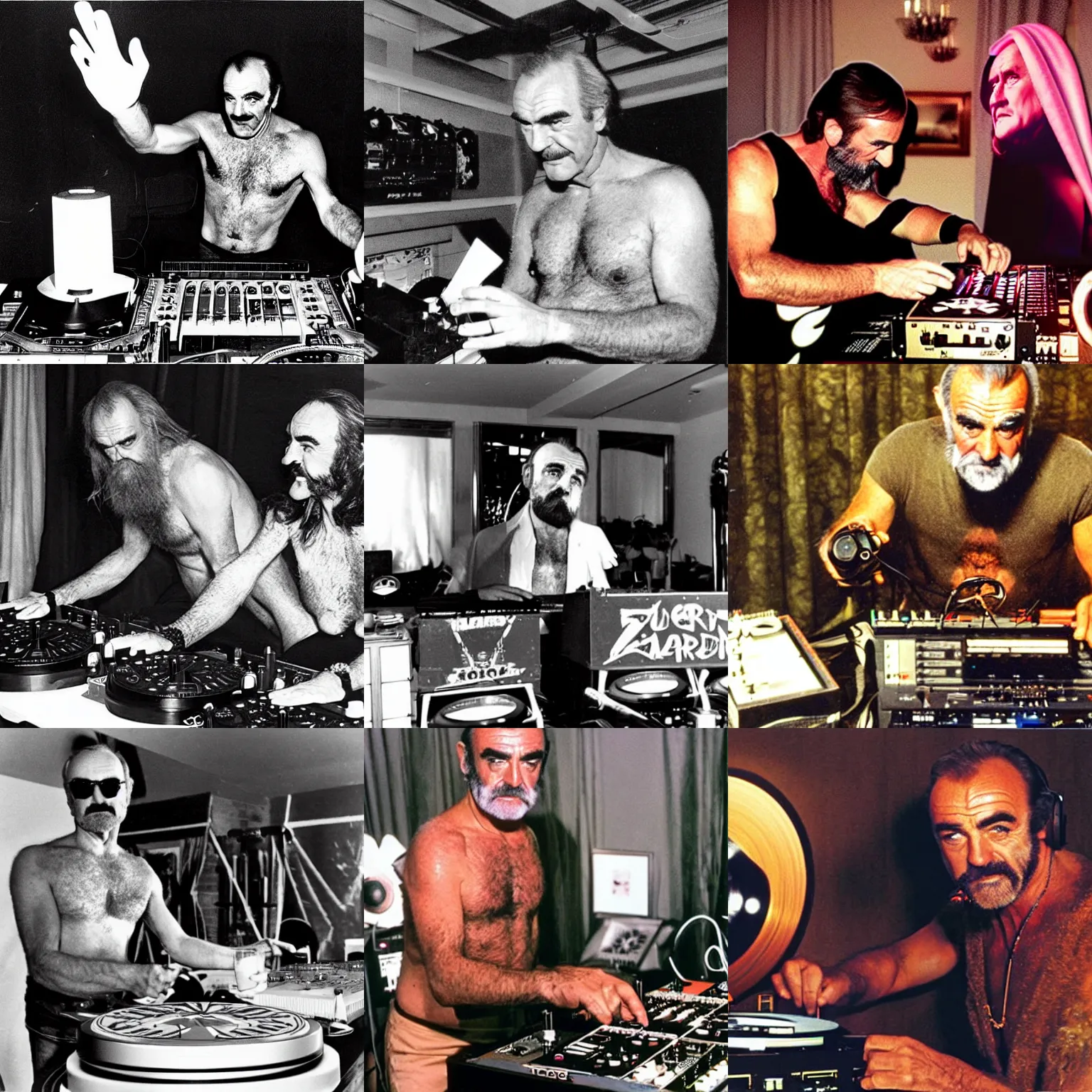 Prompt: Sean Connery Zardoz DJing with DJ turntables, photoreal