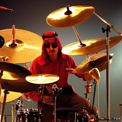 Image similar to arabian Neil Peart playing drums, highly detailed, realistic, soft lighting, wide angle