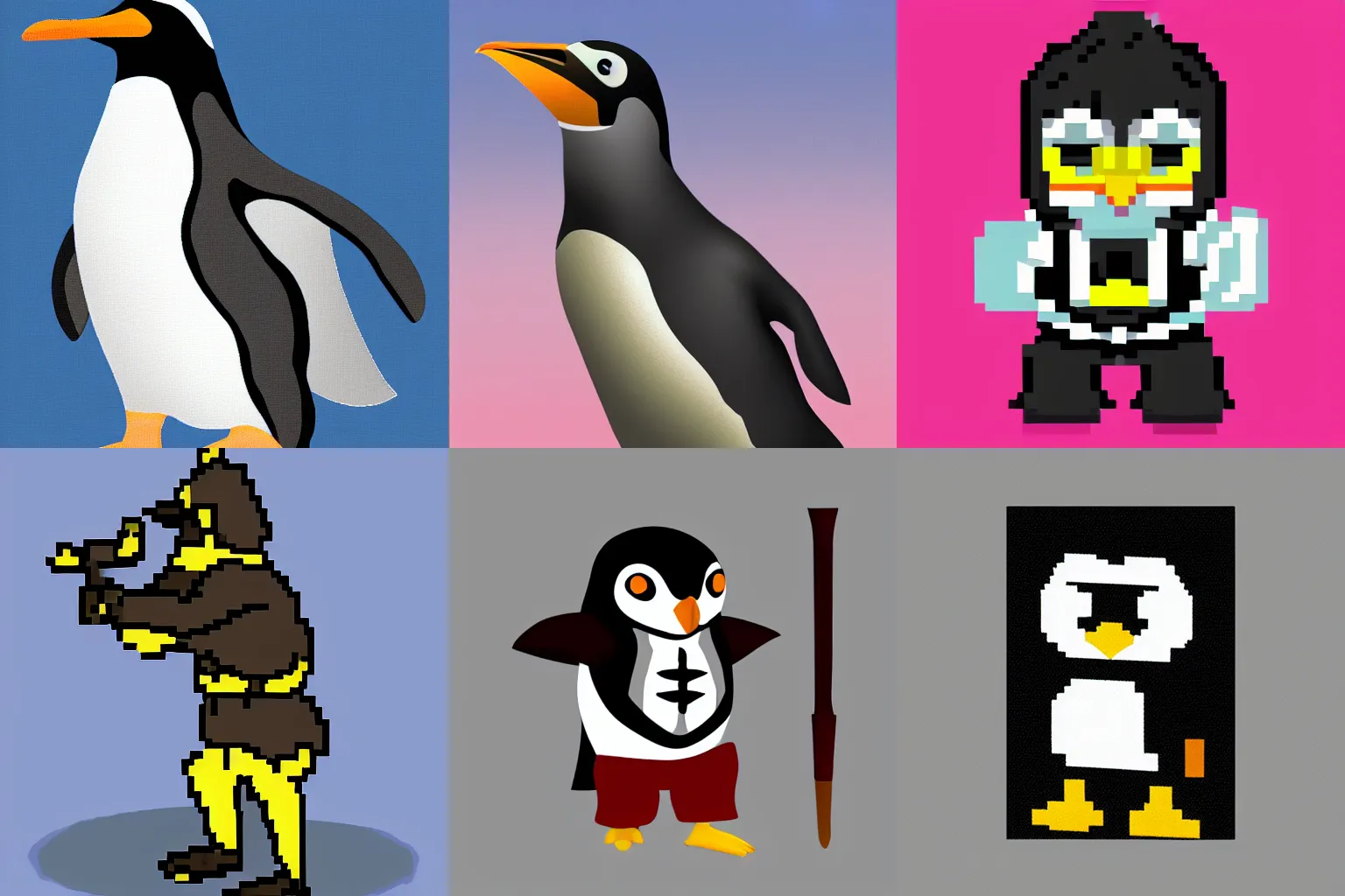 Prompt: 128-bit action portrait of a penguin warrior