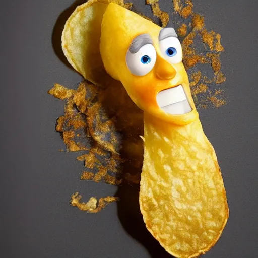 Image similar to photo of [ a single salted fried potato chip ] that looks like stephen fry as a pixar character hybrid intercross mix cinematic lighting