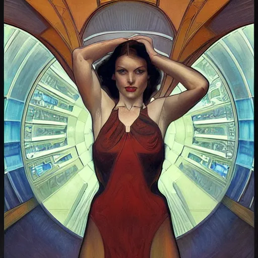 Image similar to a streamline moderne painting in the style of donato giancola, and in the style of charlie bowater, and in the style of alphonse mucha. symmetry, smooth, sharp focus, semi - realism, intricate detail.