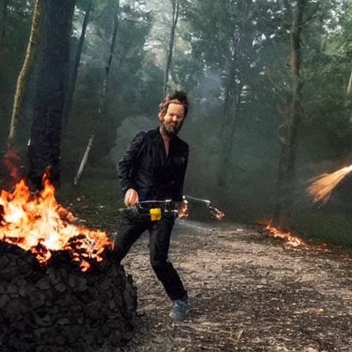 Image similar to a photo of jovanotti burn a forest with flamethrower