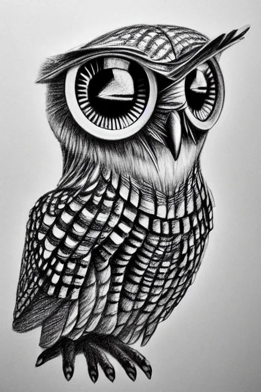 Prompt: detailed pencil drawing of an mechanical owl, she has metallic wings, and the left_eye!! is the lens of a camera!!