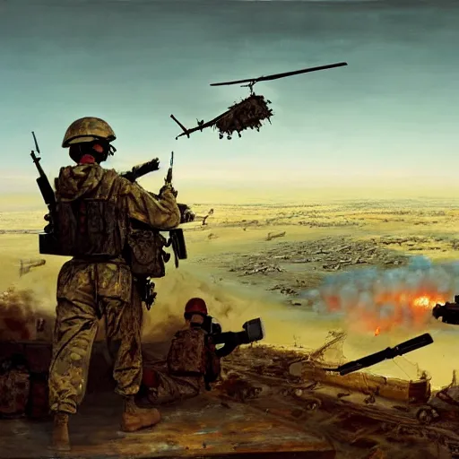Prompt: a painting of soldiers taking down a helicopter using a rocket launcher in the gulf war by Bernardo Bellotto, high detail, hyperrealistic, concept art, artstation, 8k