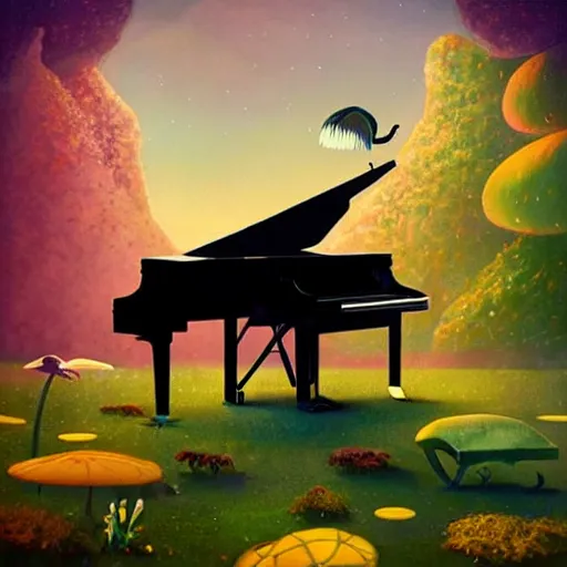 Image similar to low poly, pixar, la pianista Elesky tocando su piano en un surreal hybrid animals, nostalgia for a fairytale, magic realism, flowerpunk, mysterious vivid colors by andy kehoe and amanda clarke en un mundo de Gediminas Pranckevicius