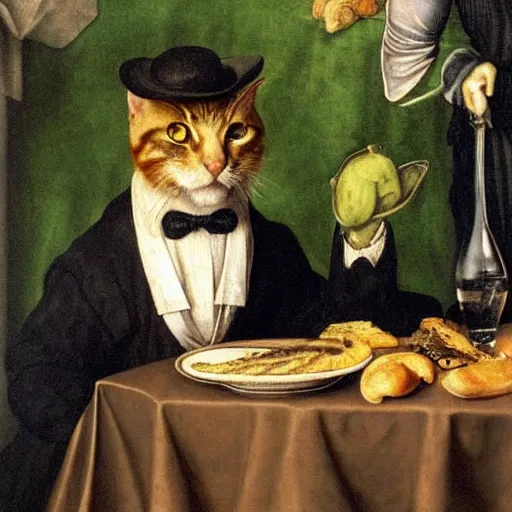 Prompt: a gentleman cat in a suit is eating in a very expensive restaurant, oil painting by Albrecht Dürer, without frame, classical painting, high definition, digital art, matte painting, very detailed