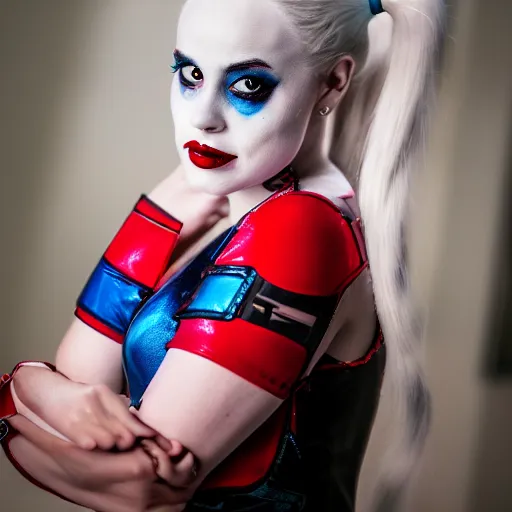 Image similar to portrait photo still of real life harley quinn, 8 k, 8 5 mm f 1. 8