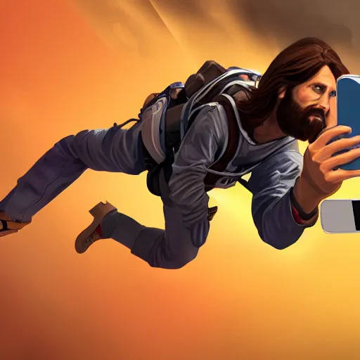 Image similar to a macro portrait of Jesus taking a selfie while skydiving, hyperdetailed, artstation, 8k,