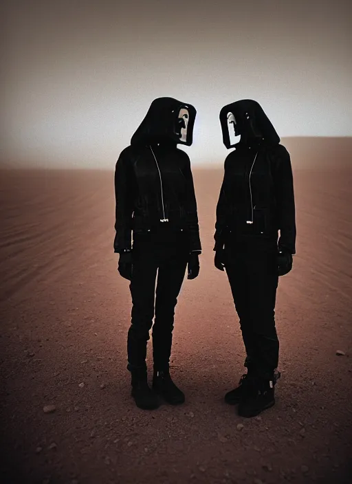 Image similar to cinestill 5 0 d photographic portrait of two loving clones, women wearing rugged black techwear on a desolate plain with a red sky, extreme closeup, diverse species, cyberpunk, in front of a brutalist dark metal facility, dust storm, 3 5 mm, 8 k, f / 3 2, high resolution, ultra realistic faces, beautiful faces