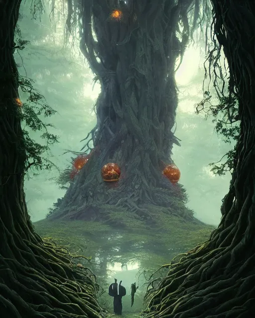 Image similar to highly detailed surreal vfx portrait of a cursed crown in a shadowy forest by a willow tree, stephen bliss, unreal engine, greg rutkowski, loish, rhads, beeple, makoto shinkai and lois van baarle, ilya kuvshinov, rossdraws, tom bagshaw, alphonse mucha, global illumination, detailed and intricate environment